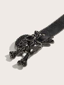 Sabuk PU Lebar Wanita Gaya Gothic dengan Gesper Tengkorak dan Tulang Silang Bertabur Berlian Imitasi, Sabuk Tepi Paku Keling Motif Bunga Timbul Bergaya Vintage, Aksesori Gaya Jalanan Punk Rock Y2K - Tengkorak Hitam - Timbul - View 3