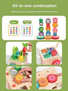 1 Set Multi-Functional Wooden Educational Building Blocks Box With Animal Expressions, Stacking, Magnetic Fishing, Carrot Pulling, Shape Recognition And Matching, Montessori Fine Motor Skills Early Education Teaching Aids - Multicolor - View 5