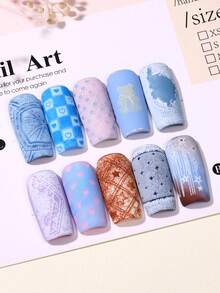 1 peça Placa de Carimbo para Unhas em Denim, Molde de Arte de Unhas em Aço Inoxidável com Textura de Denim, Coração, Xadrez, Bolinhas, Urso, Laço, Estrela e Padrão Grunge Rasgado, Placa de Carimbo de Unhas Y2K Doce e Feminina Estilo Cowboy para Acessórios de Manicure DIY de Salão - Prata - Ver 8