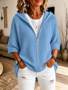 Solid Color Knitted Zip-Up Hoodie With Drawstring, Loose Fit, Casual Versatile Commuter Style, Suitable For Evening Dates, Weddings, Campus, Autumn/Winter - Sky Blue - View 5