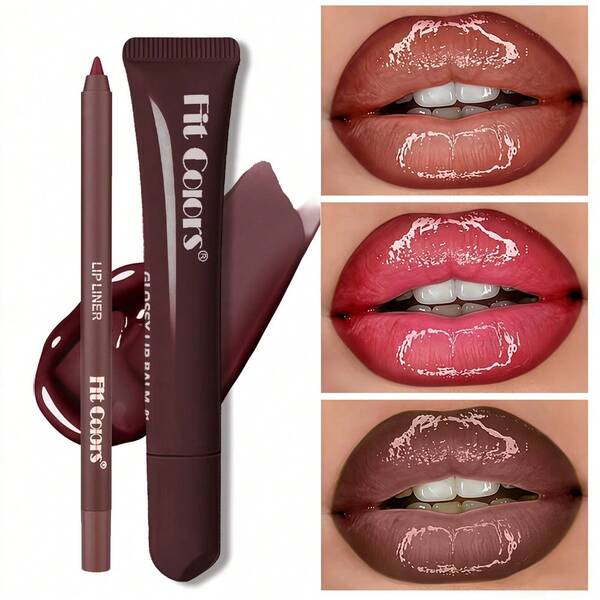 Set de Delineador de Labios Marrón Mate & Aceite de Labios Hidratante Fit Colors, Contorno de Labios Fácil, Aceite de Labios Brillante y Voluminizador para un Look Nude Natural, Hidratación Duradera & Alto Brillo, Regalo Perfecto para Vacaciones