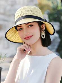 1件女款韓式編織優雅透氣草帽，夏季熱銷時尚百搭蝴蝶結防曬帽，舒適休閒草編遮陽帽，適合外出、聚會、購物、旅行、度假等場合 - 彩色 - 查看 9