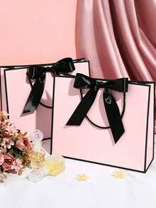 4pcs Pink Gift Bag Set, Includes 1 Gift Bag, 2 Sheets Of Tissue Paper And 1 Card With Ribbon; This Exquisite Paper Handle Bag Decorated With Bows Is Suitable For Weddings, Christmas, Thanksgiving, New Year, Birthday, Valentine's Day (Such As Bridesmaid Or Best Friend Gathering Gifts) And Other Occasions. - Multicolor - View 3