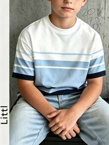 Boys' Striped Colorblock Knit Short Sleeve Burgundy Casual Summer Pullover - Baby Blue - View 2