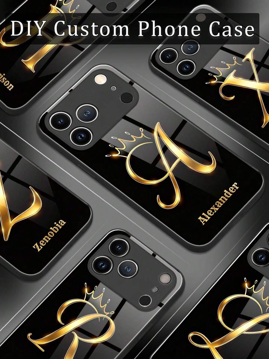 1 Peça Capa de Telemóvel Personalizada com Nome, Padrão de Coroa de Strass de Luxo, TPU Líquido com Borda Completa + Vidro Temperado, À Prova de Choques e Riscos, Compatível com Apple 17 ProMax/16 ProMax/15 Pro/14 Plus/13 Pro/12 Pro Max/11/Xs Max/8/7/6 Plus, S24 Ultra/S25 Ultra, Compatível com Redmi/Phone, Versão Internacional, Não a Versão Doméstica - Preto 2 - Ver 1