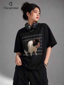 AAAAA Cat Meme T-Shirt Unisex Men's And Women's Blouse 100% Cotton Premium Top Streetwear New Release Immediate Shipping Various Colors!! Plus Size - 黑色 - 查看 5