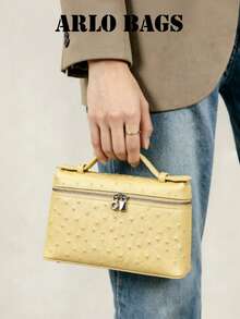 Sac à main mini jaune à la mode en forme de boîte avec poignée fine et double fermeture éclair métallique, sac bandoulière élégant pour le maquillage, parfait pour les jeunes femmes et les passionnées de rendez-vous, idéal pour les rendez-vous café, les événements de mariage, les achats du week-end et les promenades de loisirs en ville - Jaune citron - Voir 7