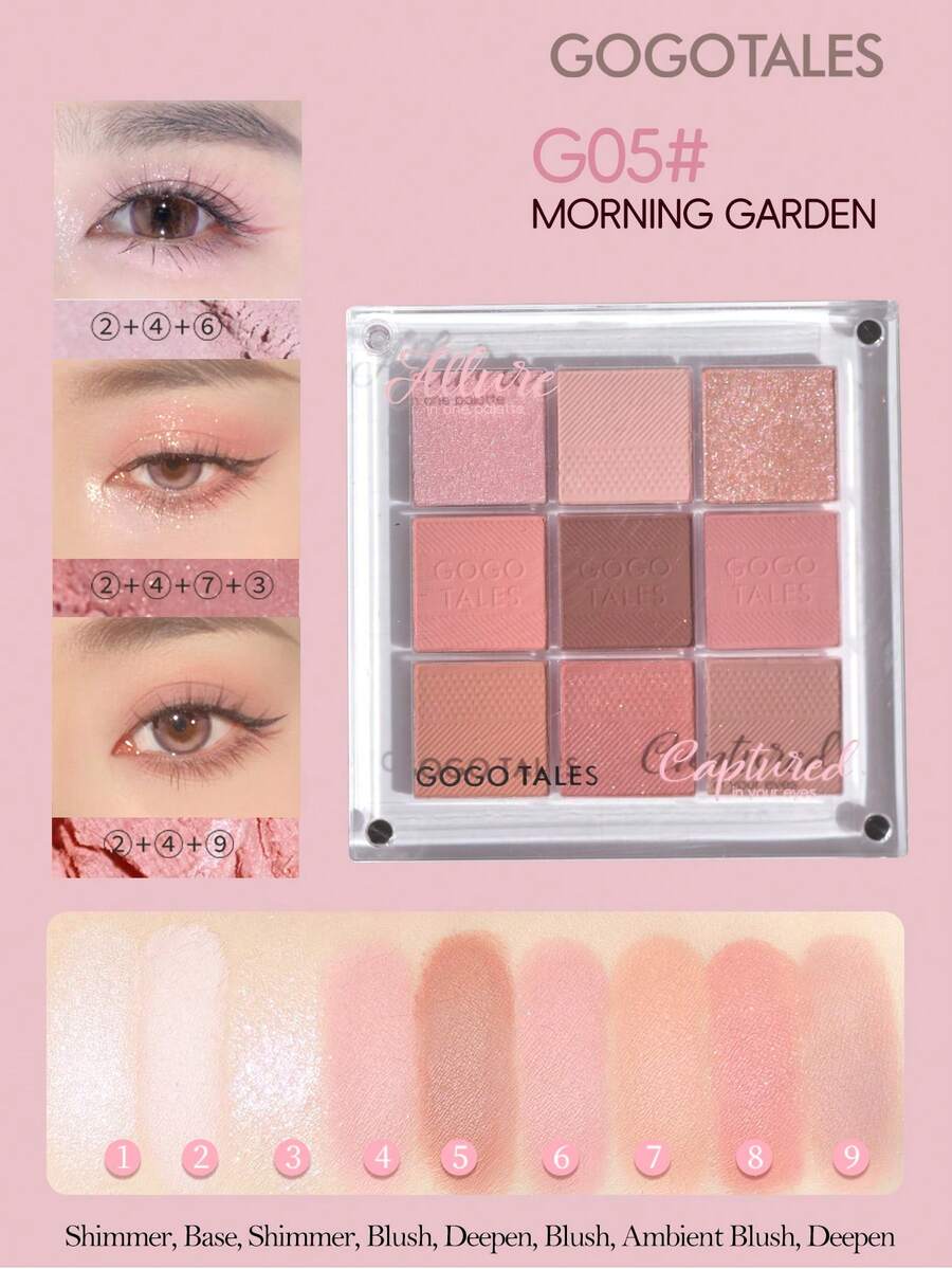 GOGO TALES GOGOTALES Palet Eyeshadow Matte Lembut Magnetik 9 Warna, Warna Matte, Shimmer, Smoky, Highlight dan Contour, Palet Multifungsi All-In-One, Cocok untuk Riasan Ringan Sehari-hari dan Pelajar - G05# Taman Pagi - View 1