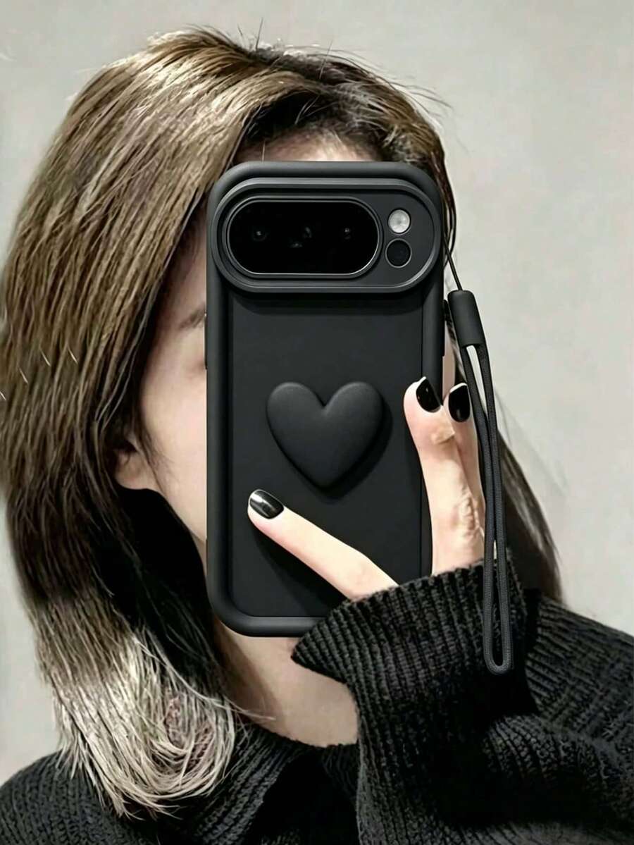 1件啞光黑類矽膠手機殼,附3D愛心與掛繩,相容 Pixel 9/9 Pro/9 Pro XL,相容 Pixel 8/8 Pro/7/7 Pro,防水防摔防刮,適合青少年女孩生日、約會與情人節禮物 - 黑色 - 查看 1
