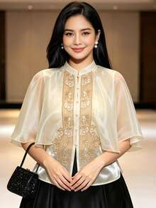 現代菲律賓風情女式襯衫上衣 1件 刺繡披肩式 Filipiniana Barong 風格上衣 - 香檳色 - 查看 1
