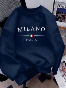 男士春秋休閒時尚 MILANO 印花圓領衛衣 - 藏蓝色 - 查看 1