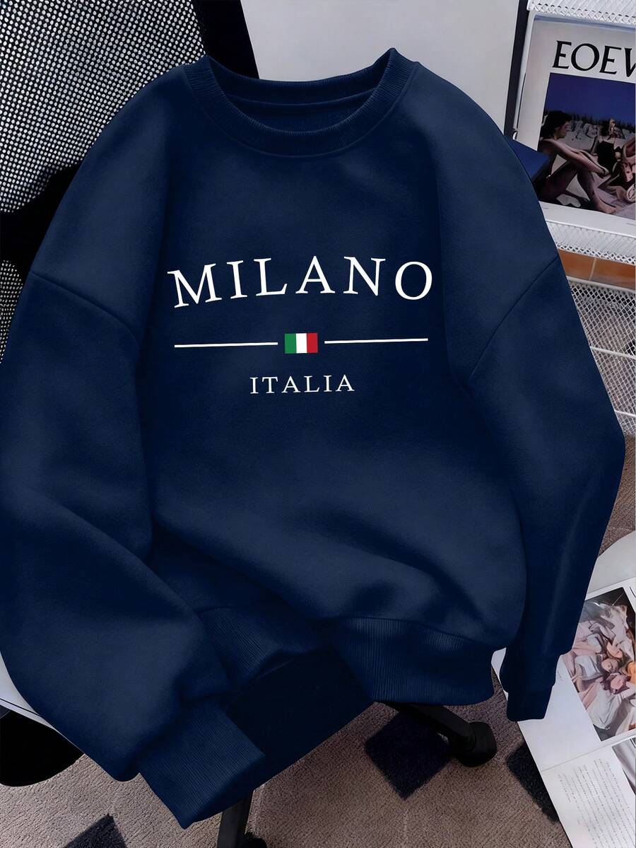 男士春秋休閒時尚 MILANO 印花圓領衛衣 - 藏蓝色 - 查看 1