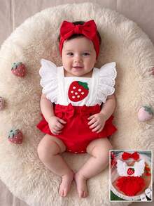 Baby Girl Strawberry Embroidered Ruffle Trim Spliced Bodysuit With Headband - Red - View 3