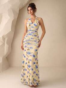 XUCTHHC Robe de soirée élégante avec imprimé floral élastique en maille sans manches, ourlet sirène, robe de bal formelle, robe d'invitée de mariage, remise des diplômes, festival, automne - Multicolore - Voir 2