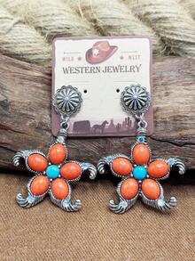 3 styles de boucles d'oreilles à tige vintage western orange-rouge turquoise, forme de tournesol/forme ronde de pièce embossée/forme de croix enroulée, accessoires de cowboy bohème western, convient pour les hauts en denim à décolleté bas, les voyages dans le désert, les tenues de style américain vintage, la combinaison de couleurs orange-rouge + bleu turquoise est la combinaison de couleurs emblématique des bijoux western - Style bohème - Voir 7