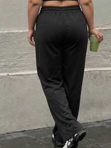 Women's Plus Size Elegant Casual Drawstring Waist Long Pants - Black - View 3