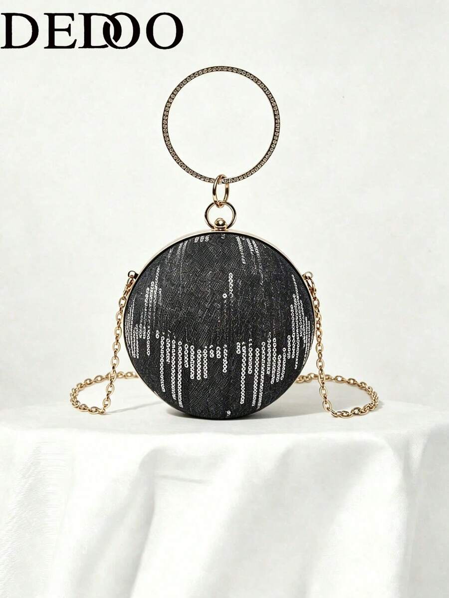 Round Ball Clutch Bag, Sequin Wave Pattern, Rhinestone Round Handle, Detachable Chain Shoulder Strap, Crossbody & Hand-Carry, Suitable For Women's Party, Ball, Wedding, Summer - Black - View 1