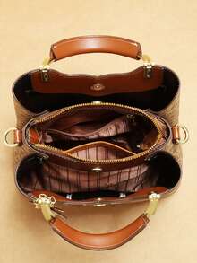 Retro Allover Letter Print Handbag Combo, Color Block Splicing Shoulder Bag With Detachable Adjustable Strap & Gold Metal Hardware - Brown - View 8