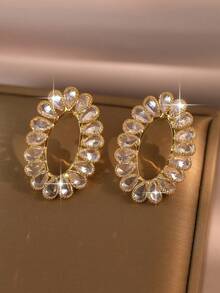1pair Teardrop Cubic Zirconia Oval Gold Plated Hollow Sparkly Crystal Circle Earrings Luxury Elegant Jewelry For Women Wedding Party Daily Accessories - Yellow Gold - View 7