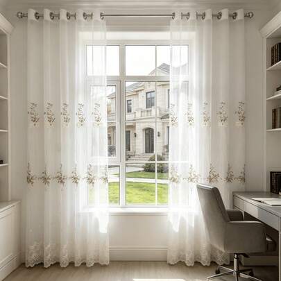 1PC Korean Style Embroidered Sweet Bow Bead Pattern Sheer Curtain, Perforated Design For Bedroom And Study Room, Minimalist Bay Window Decorative Curtain