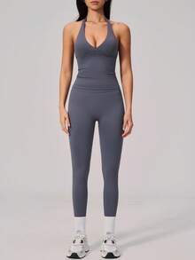 NcmRyu Women's One Set Solid Color Halter Neck Backless Tank Top Ribbed Waist Leggings Sports Set - Grey - View 5