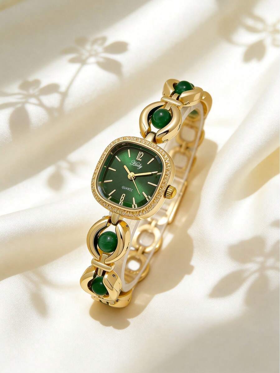 1pc Rhinestone Framed Square Plate Green Faced Women's Quartz Watch, Gold Alloy Strap, Gold Shell Retro Light Luxury Niche Women's Watch - Green - View 1