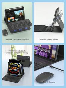 無線鍵盤與滑鼠套組，相容 iPad A16 第 11 代/第 10 代、第 9 代/第 8 代/第 7 代 10.2 吋、Air 10.9 吋/11 吋、Pro 11 吋，PU 皮革平板配件，可拆卸無線鍵盤（150mAh 電池）及附筆槽保護殼 - 黑色 - 查看 9