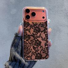 HANCAI 1pc Pure Black Vintage Lace Rose Mesh Transparent Full Coverage Shockproof Phone Case, High-End Cold Chic Minimalist Sexy Niche Hot Girl Versatile Protective Cover, Compatible With IPhone17/17Pro/17ProMax/16/11/16Plus/16ProMax/16e/15ProMax/13/14/12/14ProMax/12ProMax/13ProMax/12Pro/13Pro/14Pro - Color Silver Transparent - View 2