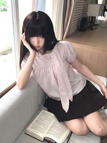 Korean Style Sweet Bow Tie Short Sleeve Blouse, Loose & Slimming, Elegant Summer Top For Women Pink - Pink - View 3