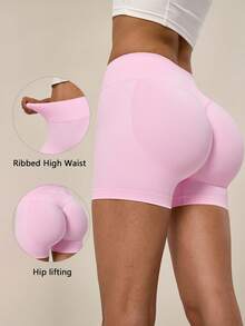 TimeOff 1 pieza de shorts deportivos de mujer de unicolor con cintura alta, banda de cintura acanalada y glúteos fruncidos - Rosa - Ver 11