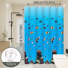 1pc Cartoon Underwater World Pattern Shower Curtain Bathroom Divider Curtain With Hooks - Royal Blue - View 11