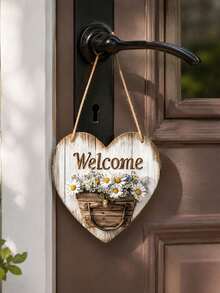1PC Rustic Heart-Shaped Wooden Welcome Sign, Daisy Basket Garden Fence Decoration, Farmhouse Style Door Handle Ornament, Suitable For Porches, Terraces, Patios, And Other Spring Home Decor. - Multicolor - View 2