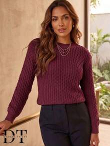 Women's Honeycomb Knit Sweater, Long Sleeve, Round Neck, Ribbed Cuffs, Winter Knit - 白色 - 查看 4