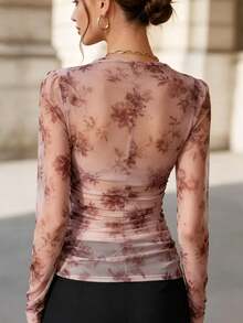 Autumn/Winter French Floral Sexy Thin Semi-Sheer Fitted Cold Shoulder Print Top - Multicolor - View 4