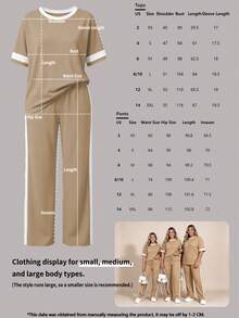 Spring/Summer Women's 2 Pieces Set, Casual Versatile Contrast Color Round Neck Short Sleeve Top And High Waist Drawstring Straight Leg Pants Elegant - Khaki 16 - View 8
