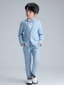 3 件套男童格子西装套装 - 西装外套、裤子、领结 - 适合婚礼、演出、学校等正式场合 - 秋季 - 藍色 - 查看 3