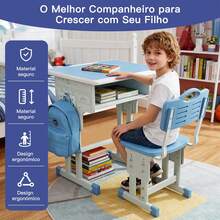 Conjunto Mesa e Cadeira Ajustáveis para Estudo, Altura Regulável para 3-18 Anos – Design Ergonômico, Material Seguro E0, Porta-canetas, Gaveta e Gancho – Cantos Arredondados, Respirável – Durável e Resistente - Azul - Visão 6