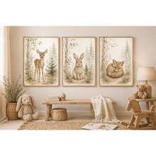 Set Of 3 Woodland Animal Watercolor Canvas Prints Neutral Boho Forest Wall Art Featuring Spotted Deer, Bunny And Red Fox, Muted Sage & Beige Botanical Pine Tree Background, Soft Minimal Nursery Wall Decor For Baby Bedroom, Playroom & Cottage Interior - A - View 2