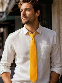 1PC Men's Fashion Light Blue Solid Color Fine Striped Versatile Tie - Yellow - View 2