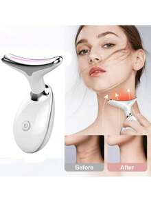 Home Facial And Neck Massager, Facial Massager, 3-Color Light Mode, Heating Mode, Skincare, Improve Skin Smoothness And Brightness - White - View 2