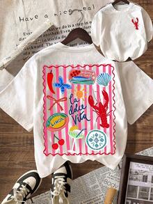 T-shirt con grafica aragosta a righe, T-shirt casual da donna a maniche corte con scollo rotondo, Outfit per vacanze estive, autunno, maglia da calcio, top donna - Bianco - Visualizzare 1