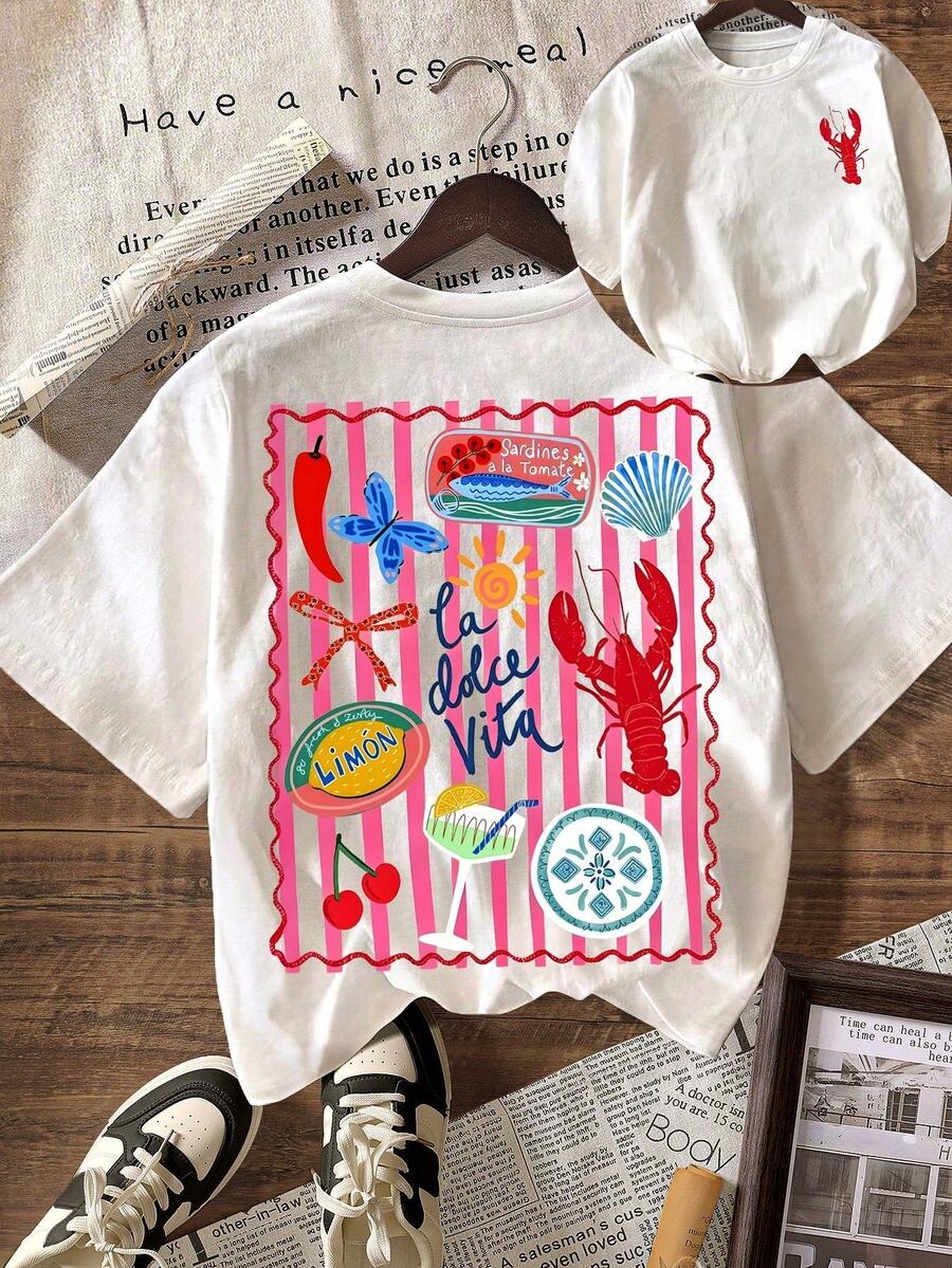 T-shirt con grafica aragosta a righe, T-shirt casual da donna a maniche corte con scollo rotondo, Outfit per vacanze estive, autunno, maglia da calcio, top donna - Bianco - Visualizzare 1