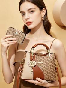 Retro Allover Letter Print Handbag Combo, Color Block Splicing Shoulder Bag With Detachable Adjustable Strap & Gold Metal Hardware - Brown - View 2