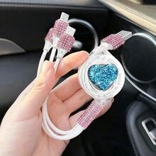 閃亮水鑽汽車充電器，鑽石 3 合 1 可伸縮充電線，USB 快充線，可愛女性風格，適用於 iPhone、行車記錄器、GPS，節日/生日禮物首選 - 優雅芭蕾數據線 - 查看 45