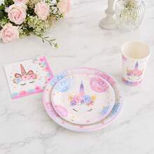 Blumen Gold Einhorn Partygeschirr, Pappteller, Pappbecher, Papierservietten, Einweggeschirr für Geburtstagsfeier, Jubiläum, Familienfest, Buffet, Feier und Dekoration - B - Übersicht 2