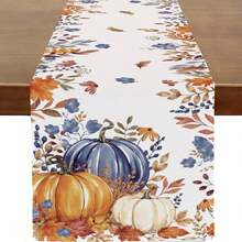 1 pieza Camino de mesa de otoño, estampado de calabaza naranja azul blanco, flores silvestres azules y hojas de arce en acuarela, camino de mesa de poliéster, decoración de mesa de comedor estilo granja para cosecha de otoño y Acción de Gracias - Multicolor - Ver 9