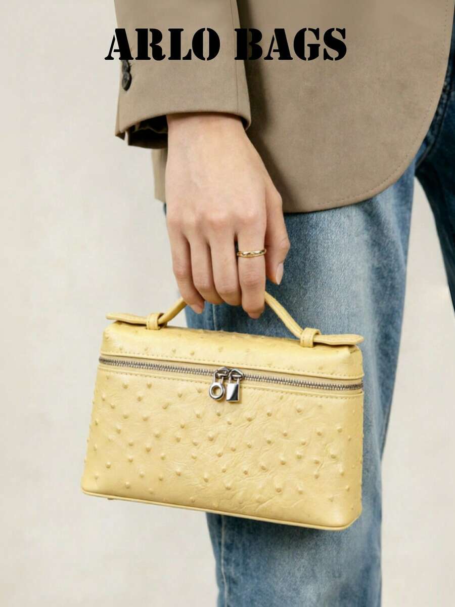 Sac à main mini jaune à la mode en forme de boîte avec poignée fine et double fermeture éclair métallique, sac bandoulière élégant pour le maquillage, parfait pour les jeunes femmes et les passionnées de rendez-vous, idéal pour les rendez-vous café, les événements de mariage, les achats du week-end et les promenades de loisirs en ville - Jaune citron - Voir 1