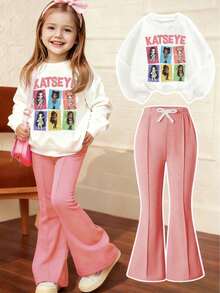 Tween Girl Cartoon Pattern Crew Neck Sweatshirt And Flare Pants Set - White - View 1