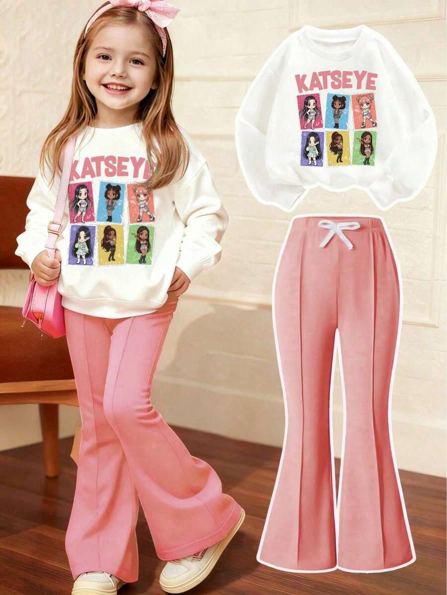 Tween Girl Cartoon Pattern Crew Neck Sweatshirt And Flare Pants Set - White - View 1