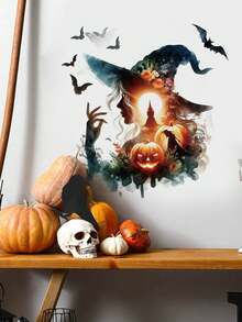 1pc Halloween Silhouette Witch Bat Castle Pumpkin Wall Decal Sticker, Removable Room Decor For Bedroom Living Room Holiday - 1PC - View 4